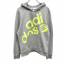 古着 アディダス ネオ adidas NEO パーカー プルオーバー スウェット 裏毛 プリント 長袖 綿×ポリ L ヘザーグレー 杢グレー×黄緑 レディース