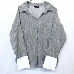 【中古】[印象A] ZIGGI プルオーバー / シャツ レディース ブラック 黒 ロングテール オープンカラー クレリック ストライプ 袖口スリット 長袖 胸ポケットのサムネイル