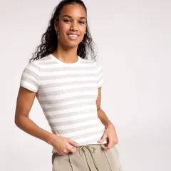 キャリー レディース トップス Tシャツ CALIA Womens Everyday Rib Short Sleeve Tee Light Heather Grey Stripe グレーのサムネイル