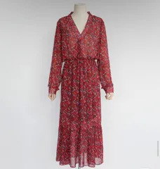 MEGAN ワンピース レッド 花柄・ボタニカル柄 長袖 ロング・マキシ丈 フレア