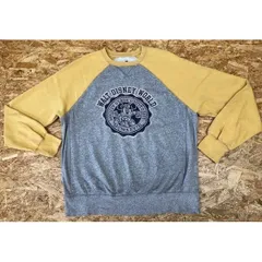 古着 ディズニー DISNEY PARKS インポート古着　スウェット トレーナー 裏起毛 丸首 プリント ミッキー 長袖 L 杢グレー×マスタード×紺 メンズ