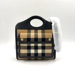 BURBERRY ノバチェック  2WAY ショルダー レザー×ウール ブラック×ベージュ ハンドバッグ ゴールド