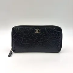 CHANEL カメリア エンボス  ラウンドファスナー シリアル番号17番台 ラムスキン ブラック 長財布 シルバー