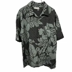 【中古】[印象AB] Pazzo パッゾ アロハシャツ メンズ 48 グリーン 緑×黒×白 レーヨン100% 花柄 フラワー ストライプ 半袖 胸ポケット ボックスカットのサムネイル
