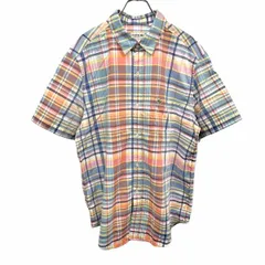古着 ラコステ LACOSTE シャツ チェック ワニの刺繍 半袖 ショートスリーブ 胸ポケット 綿100% [US L/XL (FR 43)] 青系×黄×ピンク×白 メンズ