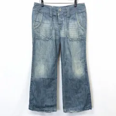 古着 DIESEL ディーゼル 30 レディース デニム ワイド フレア パンツ ジーンズ ジーパン ブーツカット USED加工 ボタンフライ 綿100% ブルー 青