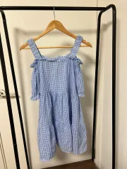 ブルー ギンガムチェック オフショルダー ONE PIECE 1188