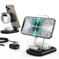 3in1充電器 ワイヤレス充電器 MagSafe充電器 - 折り畳み式 雰囲気ライト付き iPhone/Apple Watch/Airpodsに対応 マグセーフ充電器 3台同時充電 角度調整可能 マルチ充電スタンド マグネット式 旅行用 自宅 8df38774