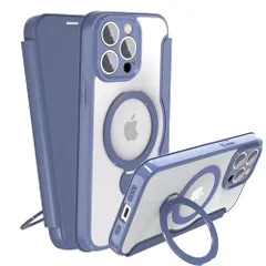 iPhone 13 Pro Max 用 ケース 手帳型 カード収納 背面クリア MagSafe対応 リング付き 360°回転スタンド軽い 薄型 耐衝撃 全面保護 縦横両対応 レザー素材 マグセーフ対応 おしゃれ 青　美品　おすすめ 25376f73