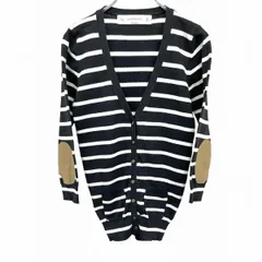 古着 ザラ ZARA ニット カーディガン 7分袖 ボーダー エルボーパッチ Vネック 綿×ナイロン M ブラック 黒×白×茶系 レディース(キッズ？)