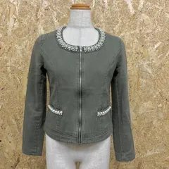 【中古】[印象B] one way ワンウェイ レディース M グリーンカーキ系 綿100% ノーカラージップジャケット ストライプ柄裏地付き 飾りビーズ 長袖 袖ジップのサムネイル