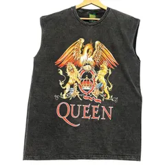 新品 クイーン QUEEN バンドTシャツ ノースリーブ カットソー XL 黒 墨黒 フェード ブラック ロックT 両面プリント デカロゴ 紋章 エンブレム  袖なし タンクトップ ストリート 古着風 ヴィンテージ加工 ウォッシュ加工 / IA128