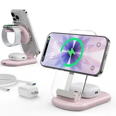 3in1充電器 ワイヤレス充電器 MagSafe充電器 - 折り畳み式 雰囲気ライト付き iPhone/Apple Watch/Airpodsに対応 マグセーフ充電器 3台同時充電 角度調整可能 マルチ充電スタンド マグネット式 旅行用 自宅 a66d8b98
