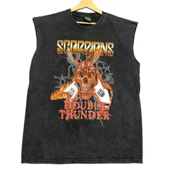新品 XL スコーピオンズ バンドTシャツ ノースリーブ Scorpions タンク 黒 バンT ロックT メタル ギター ドクロ 骸骨 ビンテージ加工 フェードブラック ROCKY ROAD 大きいサイズ カットオフ メンズ / IA129