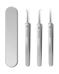 (No.8、3本セット) 収納ケース付 ピンセット 角栓取り 角栓取り 精密な作業が可能 毛穴ケア専用 黒ずみ取り ニキビ取り 極細ピンセット 毛抜き 角栓ピンセット 先端は幅0.1mm 精密ピンセット サムコス