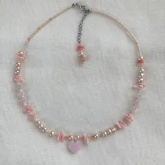 桜色🌸ピンクサンゴ×淡水パール×ローズクォーツ ハートビーズネックレス／チョーカー