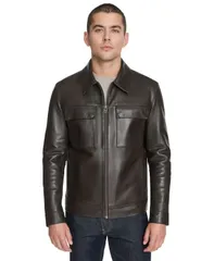 コールハーン メンズ アウター ジャケット・ブルゾン レザー ジャケット Cole Haan Mens Bonded Leather Trucker Jacket Dark Brown ブラウンのサムネイル