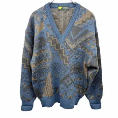 古着 ゴールデンベア Golden Bear ニット セーター Vネック 幾何学柄 シェブロン プルオーバー 長袖 ウール×アクリル M ブルー 青×茶 メンズ