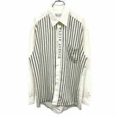古着 Sala Viale 透け感 シャツ ストライプ 英字刺繍 フライフロント 長袖 ポリ100% Free アイボリー 生成り×黒(ラメ糸：ゴールド) メンズ