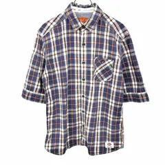 【中古】[印象AB] Dickies ディッキーズ シャツ メンズ M ネイビー 紺×オレンジ×白系×緑 綿100% チェック 胸ポケット 5分袖 裾にロゴパッチのサムネイル