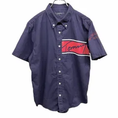 古着 トミー TOMMY シャツ ボタンダウン ロゴプリント 袖に刺繍 英字 文字 半袖 ショートスリーブ 綿100% M ネイビー 紺×赤×白 メンズ