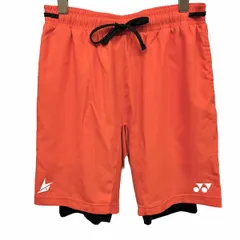 古着 YONEX 薄手 スポーツショーツ ショートパンツ ハーフパンツ 股がメッシュ ウエストゴム ポリ100% M オレンジ オレンジ×黒×白 メンズ