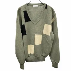 古着 アーノルドパーマー Arnold Palmer ニット セーター Vネック ブロック柄 長袖 ニューウール100% M グリーン 緑×黒×ベージュ メンズ