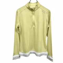 【中古】[印象A] Foxfire フォックスファイヤー ハイネックシャツ / カットソー レディース M イエロー系 黄系×白×グレー ポリ100% チンガード 左肩にロゴ刺繍 薄手 若干透け感 ボーダー ハーフジップ 長袖のサムネイル