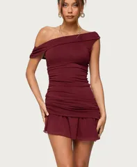 アディクテッド レディース トップス ワンピース ミニ メッシュ Edikted Womens Gesibelle Off Shoulder Mesh Mini Dress Burgundy バーガンディ