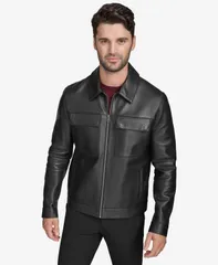 コールハーン メンズ アウター ジャケット・ブルゾン レザー Cole Haan Mens Bonded Leather Trucker Jacket Black ブラックのサムネイル