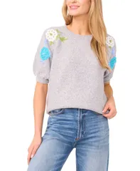 セセ レディース アウター ニット・セーター クルーネック カーディガン CeCe Womens Flower Embroidery Crew Neck Cardigan Sweater Silver Heather ヘザー