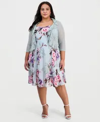 【送料無料】 コネクテッド レディース ジャケット・ブルゾン アウター Plus Size 2Pc Floral Chiffon Sleeveless Dress and RuffleFront Jacket Sge