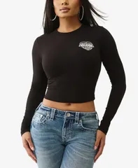 トゥルーレリジョン レディース トップス シャツ True Religion Womens Long Sleeve Glitter Puff Heritage Baby TShirt Black ブラック