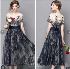 送料無料 未使用 発表会 結婚式 ボタニカル柄 透け感 大人の女性 フェミニン 豪華 イベント 9号 M ドレス (OPN2804)