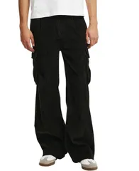 コットンオン メンズ ボトムス カジュアルパンツ カーゴパンツ COTTON ON Mens Baggy Pleat Cargo Pant Black Cord ブラック
