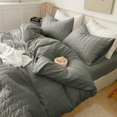 快適 柔らかい 通気性 可愛い 枕カバー ボックスシーツ 速乾タイプ 掛け布団カバー 3点セット 丸洗い 寝具カバーセット ダブル シングル オールシーズ（シングル3点セット、ダークグレー） シアサッカー生地 布団カバーセット