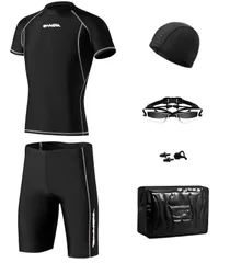 新品 [TEABAKU] メンズ フィットネス水着 競泳水着 ラッシュガード プール備品 6点セット スイムキャップ スイミングゴーグル ノーズクリップ 耳栓 スイムバック ストライプ02-L