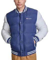 チャンピオン メンズ アウター ジャケット・ブルゾン キルティング ジャケット Champion Mens Quilted FullZip Varsity Puffer Jacket Navywhite ホワイト
