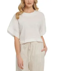 ダナ キャラン ニューヨーク レディース トップス シャツ ドロップショルダー リネン DKNY Linen Drop Shoulder Short Sleeve Top White ホワイトのサムネイル