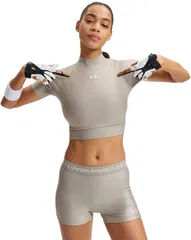 アンダーアーマー レディース トップス シャツ Under Armour Womens HeatGear Crop Mock Timberwolf TaupeSummit White ホワイトのサムネイル