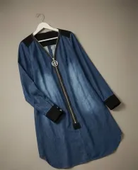 エレガントなバイカラー デニム ジッパー ONE PIECE