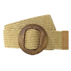 【新品】 [ピース工房] 麻風ゴムベルト メッシュ 太 ベルト ウッド バックル ワイド ゴム レディース スモール S-L ベージュ 1
