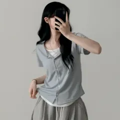 一体型 レイヤード 半袖 カーディガン