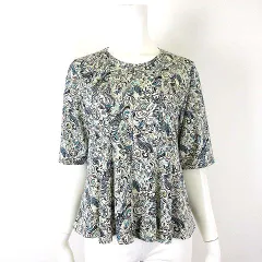 ネイプル NEIPLE JUNIOR カットソー ブラウス プルオーバー フレア 切替 ペイズリー柄 クルーネック 落ち感 とろみ 5分袖 半袖 M アイボリー マルチカラー