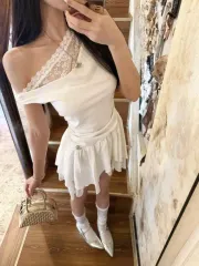 リア オフショルダー ラブリー 白 レース ミニ ワンピース