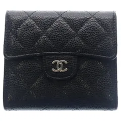 CHANEL (シャネル) マトラッセ クラシック スモール フラップ ウォレット コンパクトウォレット 三つ折り財布 コインケース ブラック キャビアスキン シルバー金具