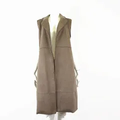 ザラ ZARA ロング ジレ ベスト フェイクスエード テーラード ウエストベルト M モカブラウン