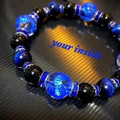 ロンデル無し170mm天然石タイガーアイ龍金箔手彫りブレスレット約12mm 
