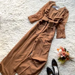 ラグナムーン　LAGUNAMOON 新品　未使用　LADYレーススリーブワイドコンビネゾン レース切り替えパンツドレス七分袖　リボン　ベルト　結婚式　二次会　発表会　パーティー　オケージョンドレス　M