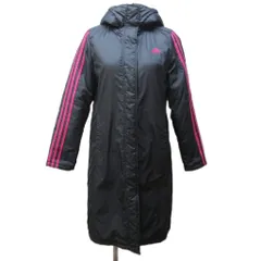 アディダス adidas ベンチコート 中綿ジャケット ロング ロゴ 刺繍 フード S 黒 ブラック IBO87 0110